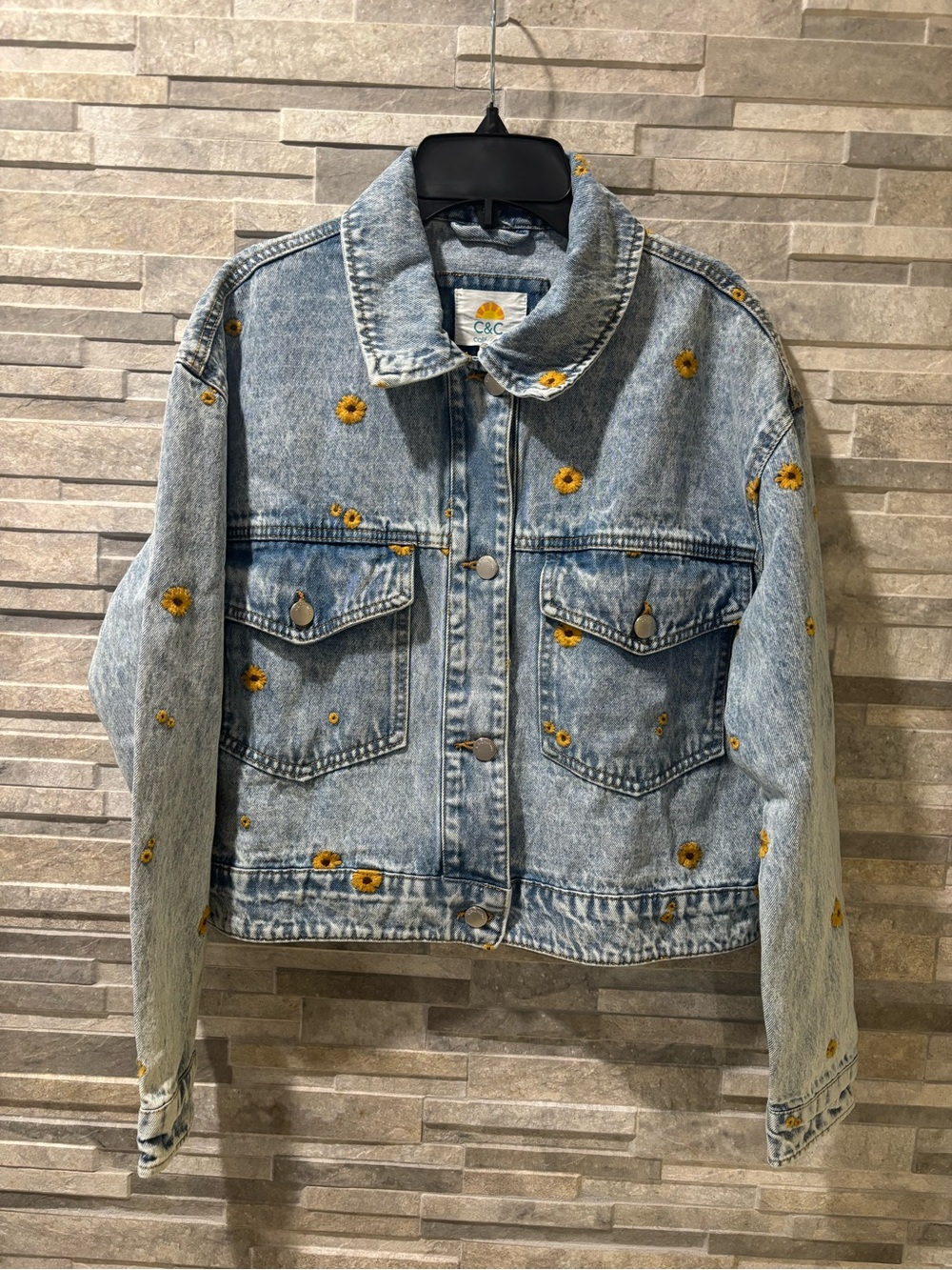 C&C California Light Blue Denim Jacket with Yellow Daisy Embroidery size Small